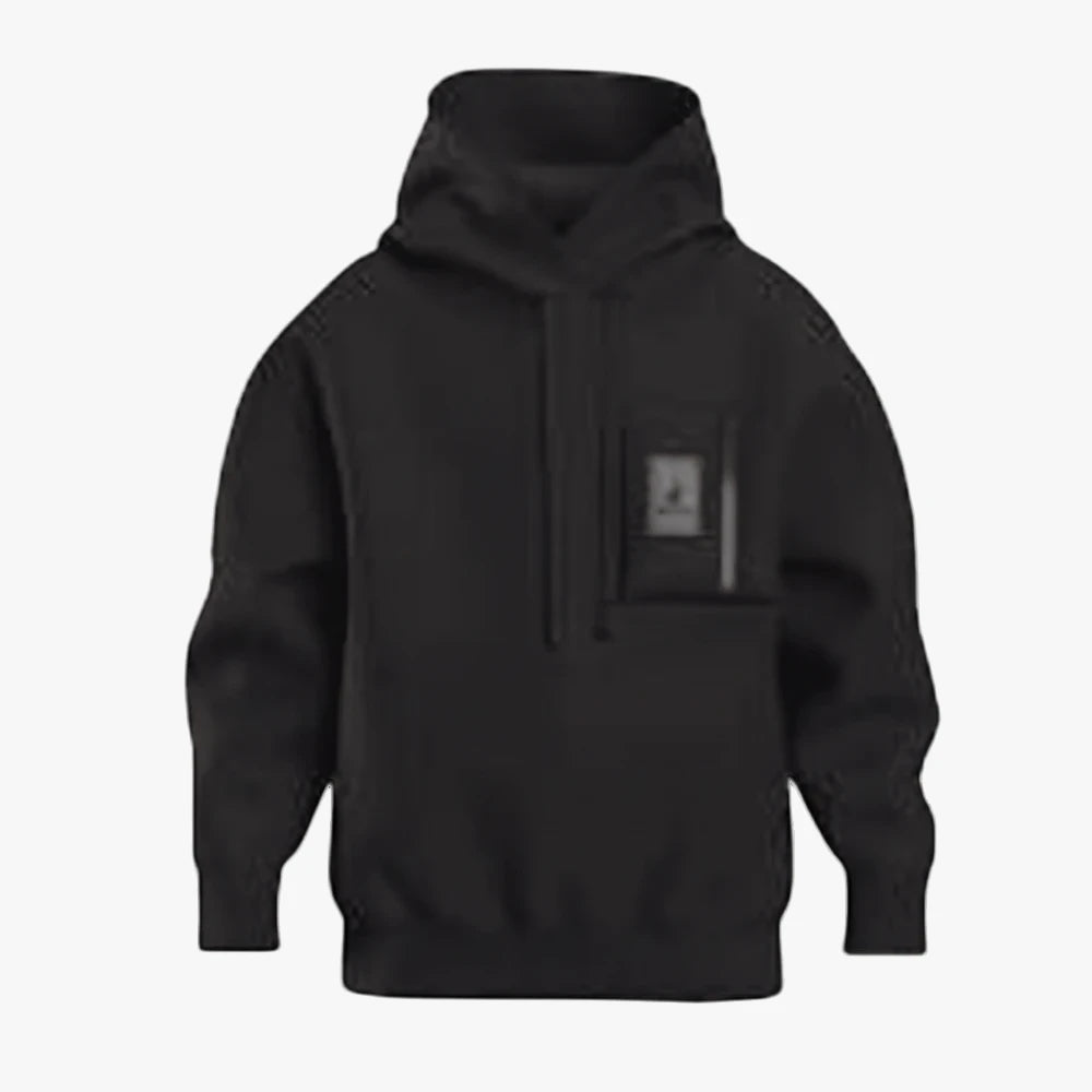 Black Polo Boys Clayton hooded sweater, long-sleeved, featuring a drawstring hood and a rectangular chest pocket with zipper.