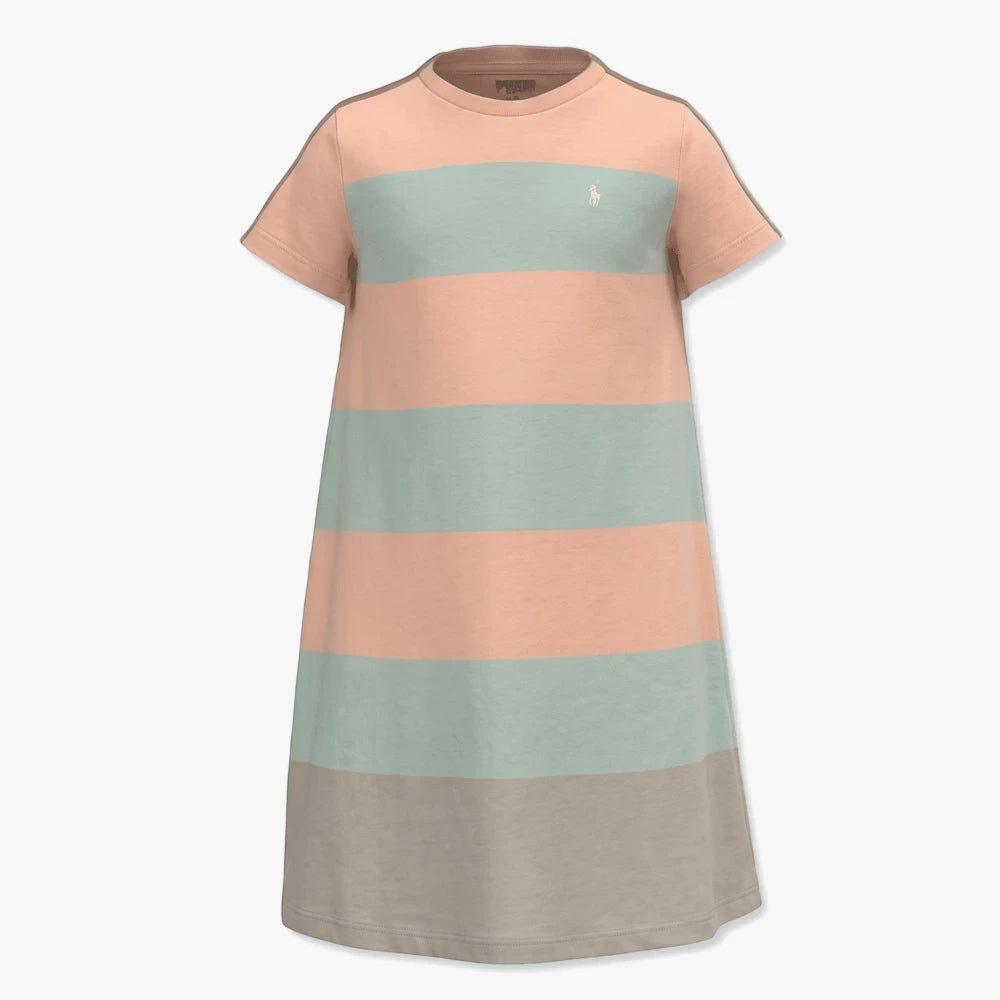 Polo Girls Cristina short sleeve dress in pale peach with horizontal mint green and greyish-brown stripes.