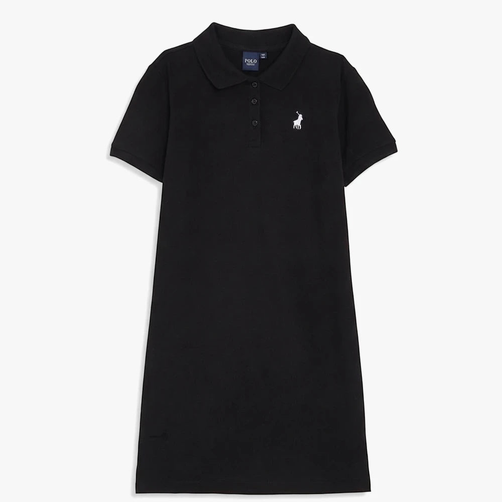 Black short sleeve polo dress for girls, featuring a classic collar, three-button placket, and white embroidered pony logo.