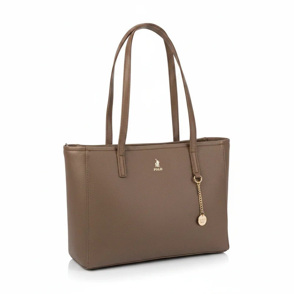 taupe polo tote handbag with dual shoulder straps, gold logo, and a small round charm