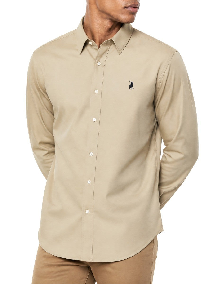 Polo Mens Long Sleeve Plain Cotton Shirt Stone