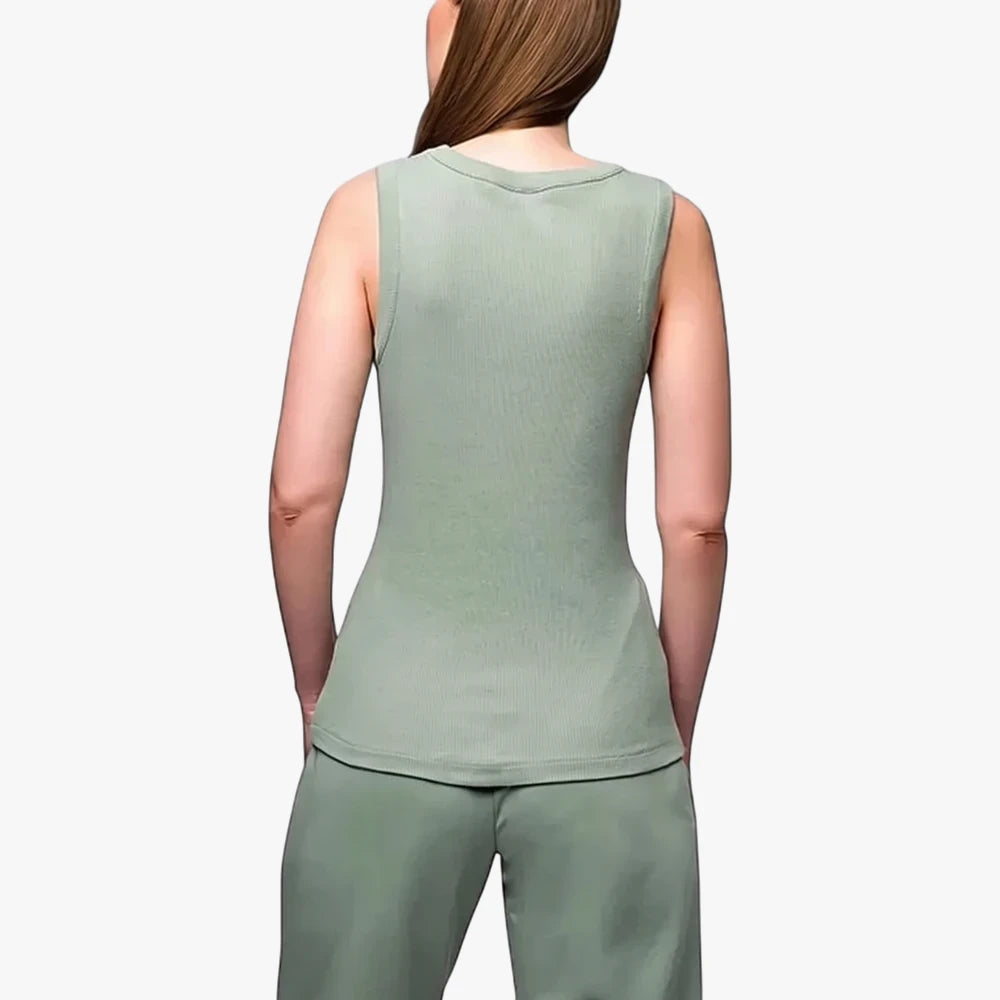 Polo Womens Thandiwe Tank Top in sage green, sleeveless and ribbed, shown from the back view with matching pants.