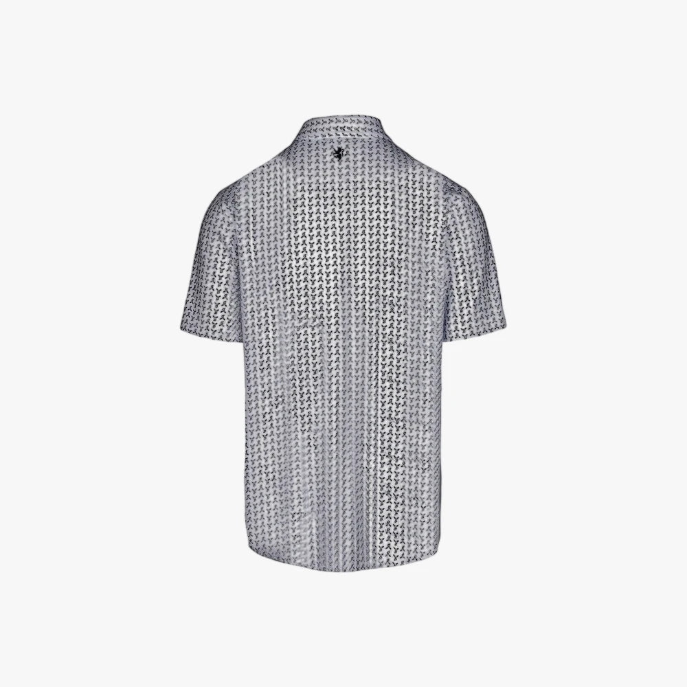 Pringle Mens George white printed technical short sleeve golfer shirt, shown from the back.