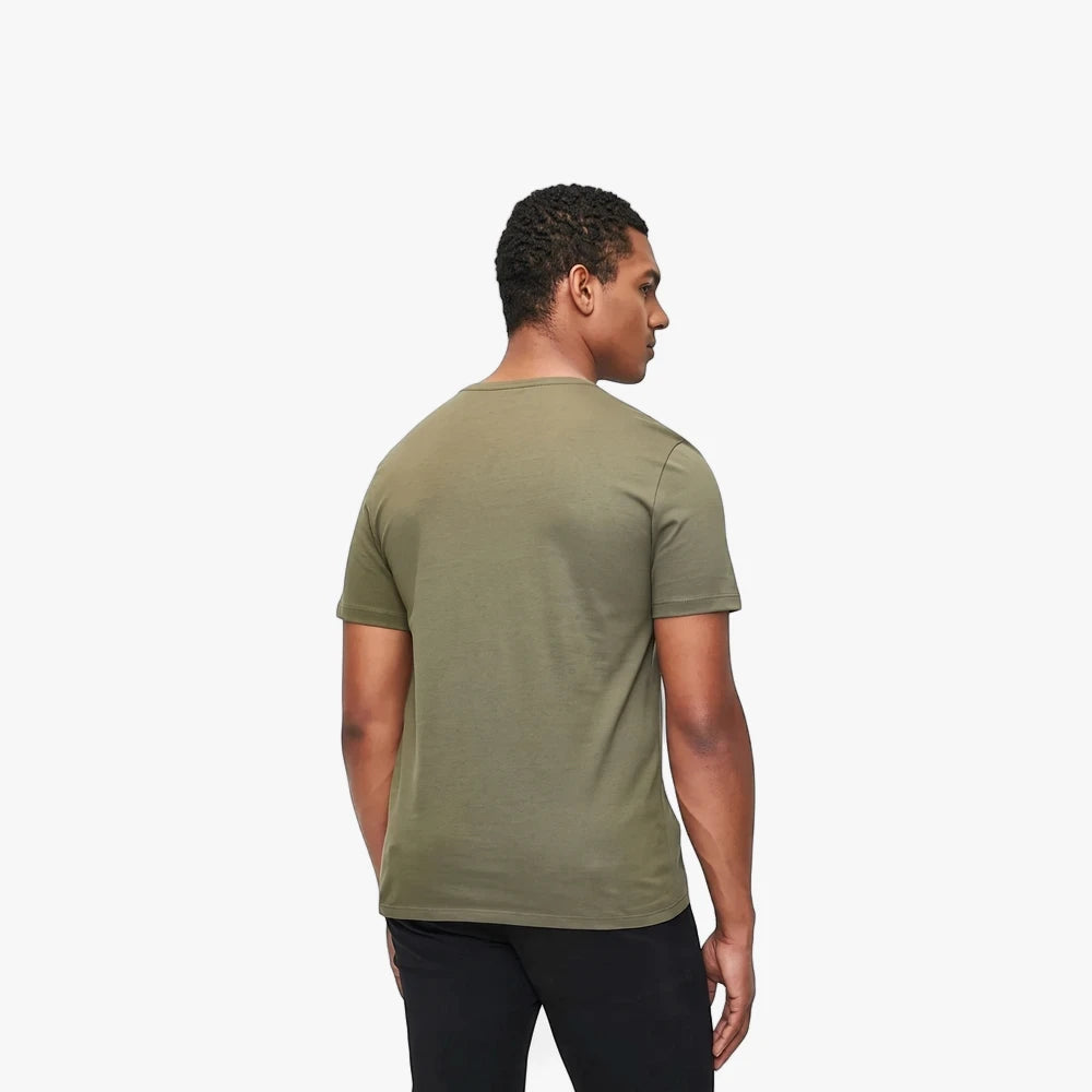 Pringle Mens Hugo plain fatigue green short sleeve t-shirt, seen from the back on a male model wearing black pants.