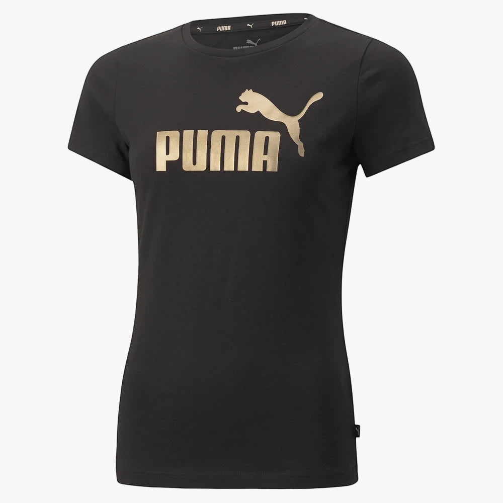 Puma Girls Ess+ Logo short sleeve tee in black with a striking gold Puma logo on the chest.