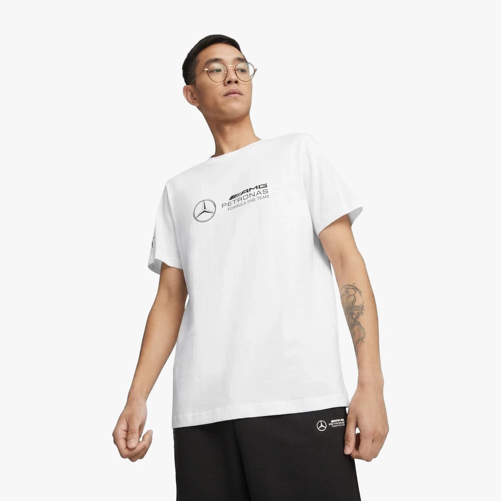 Puma Mens Mapf1 Logo Short Sleeve Tee in white, featuring the Mercedes-AMG Petronas Formula One Team logo on the chest.