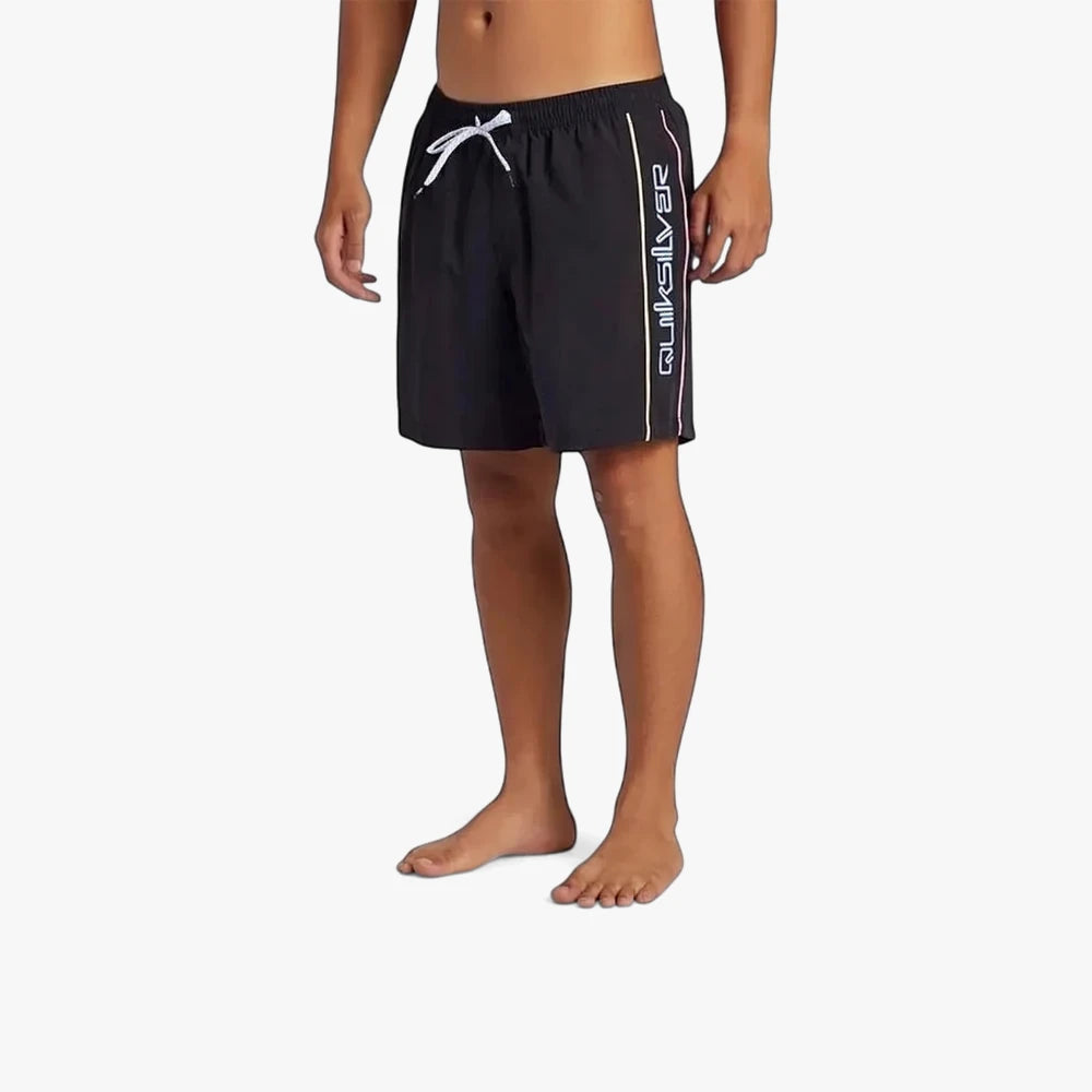 Black Quiksilver Mens Everyday Vert Volley 2 17 inch shorts, worn by a model standing barefoot, shown from the side.