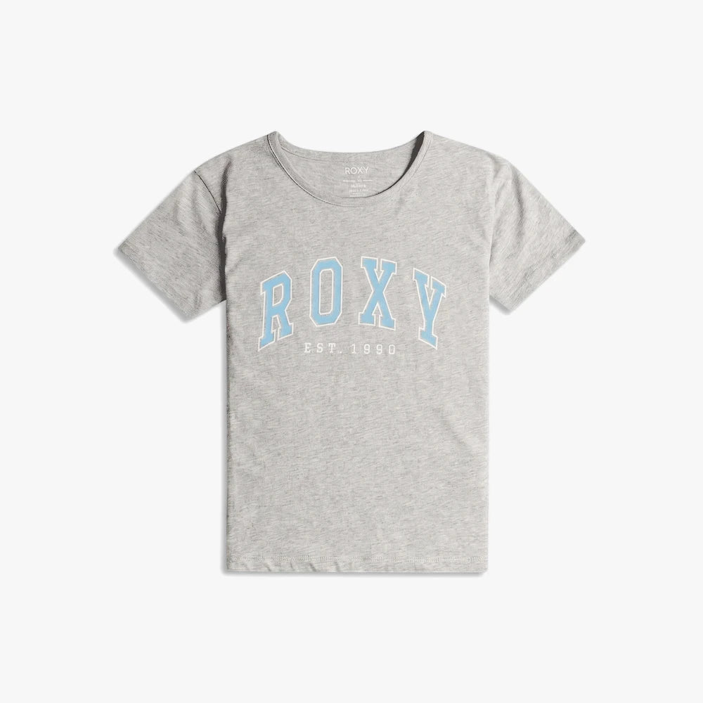 Grey Roxy Girls Day And Night B short sleeve tee in Heritage Heather with a light blue and white arched &
