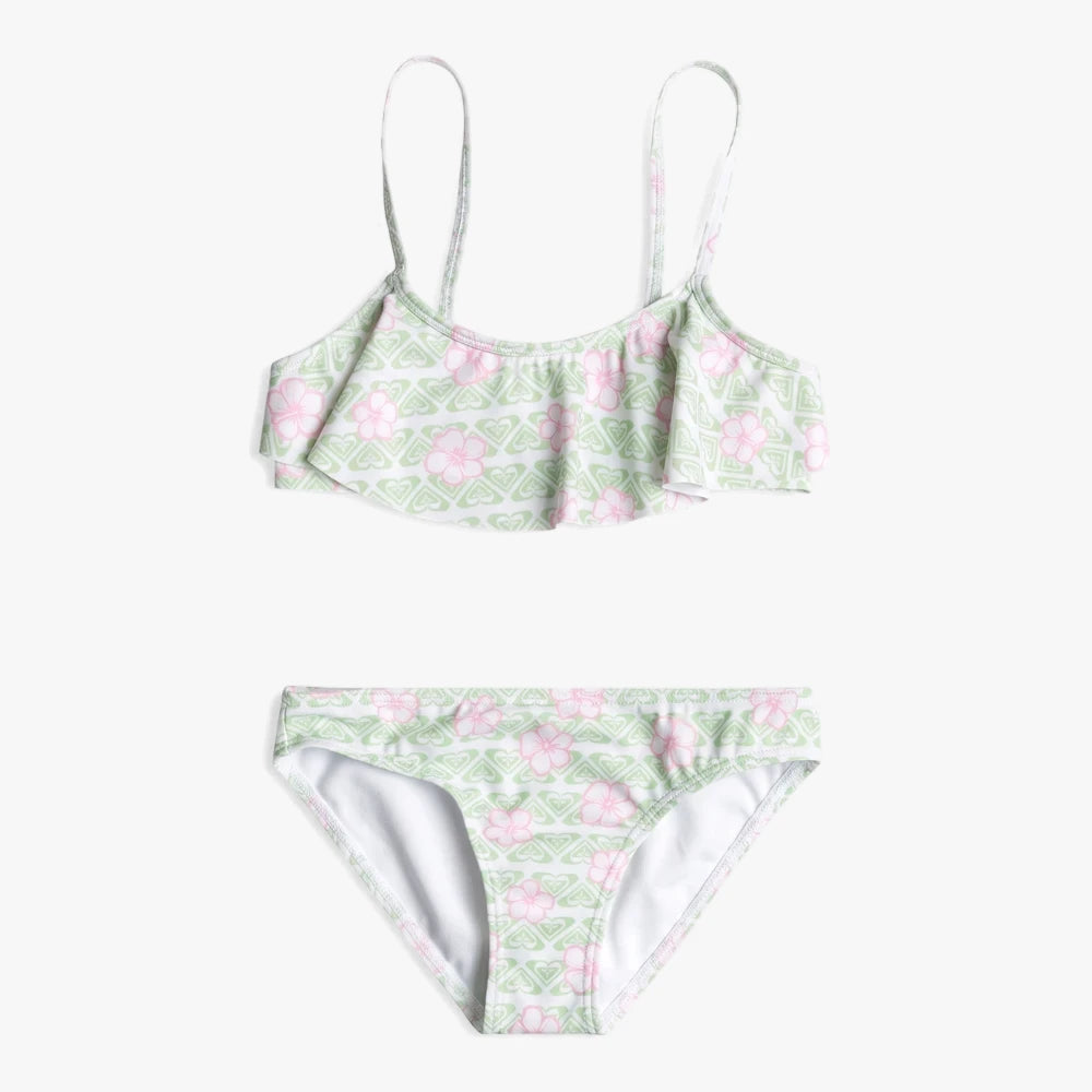 Roxy Girls Fairy Beach Flutter Set in light green with pink floral print, featuring a ruffled bikini top and matching swim