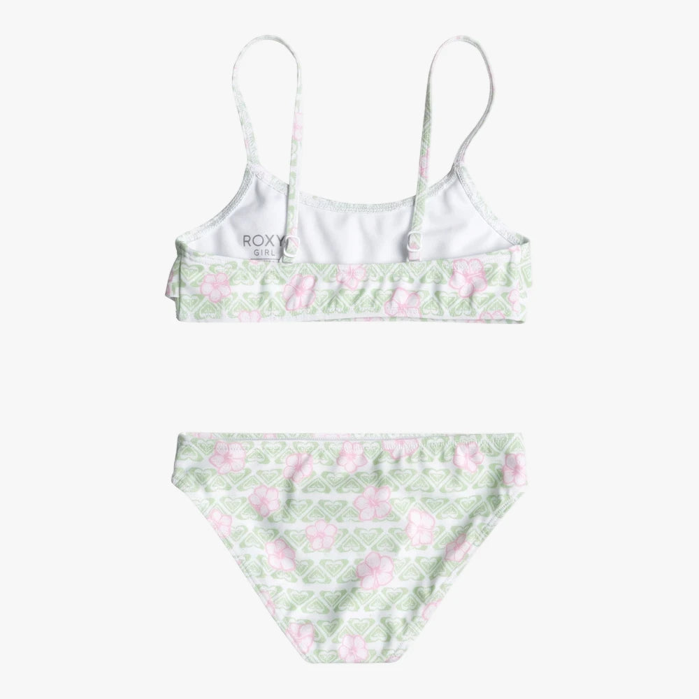 Roxy Girls Fairy Beach Flutter Set, light green and white bikini with pink hibiscus print, shown from the back.