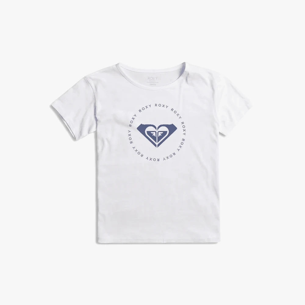 White Roxy Girls Noon Ocean short sleeve t-shirt with a blue Roxy logo on the front, displayed flat.