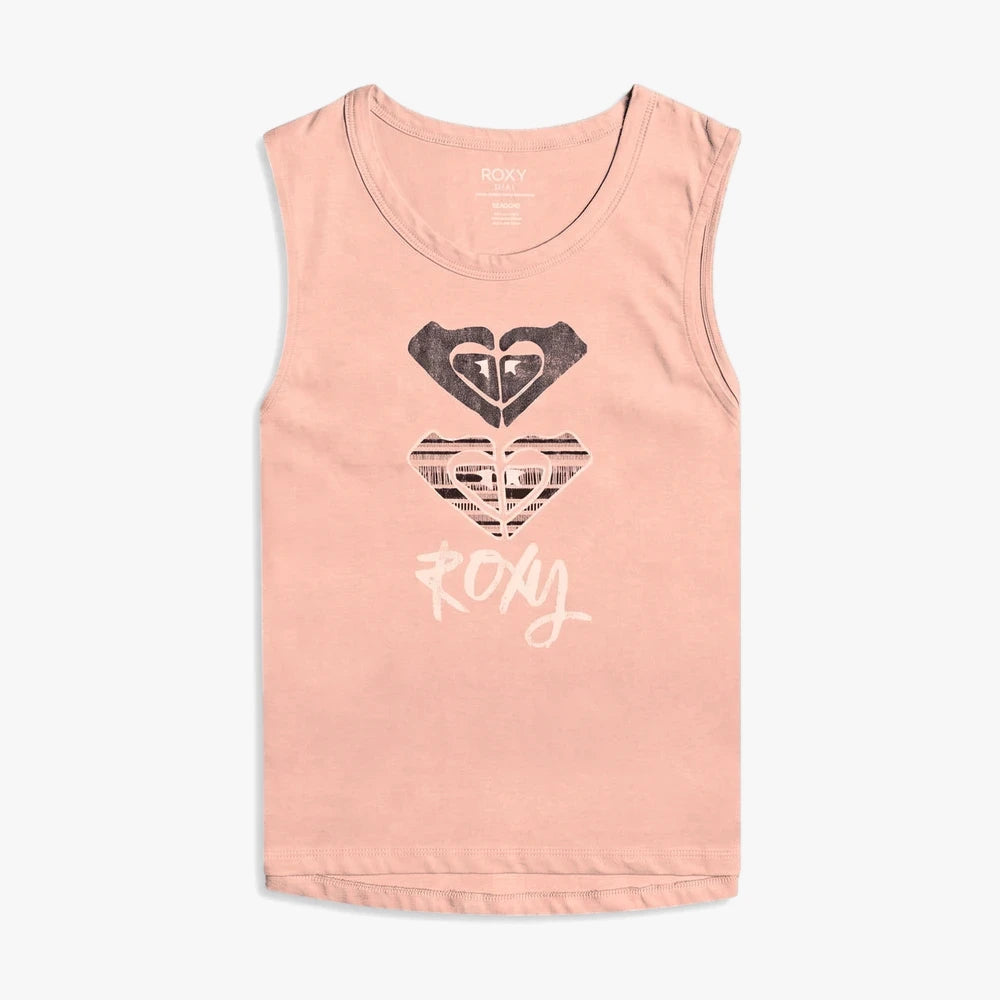 Roxy Pre Girls Day And Night A Vest in candlelight peach, featuring a graphic print of stacked heart-like logos.