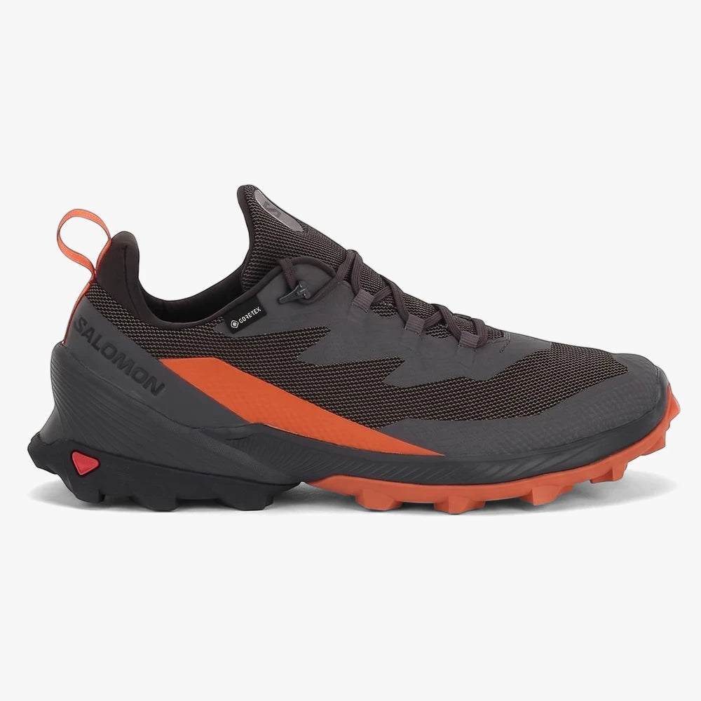 Salomon Cross Over Gore-Tex hiking shoe in magnet grey and phantom spice orange, side view.