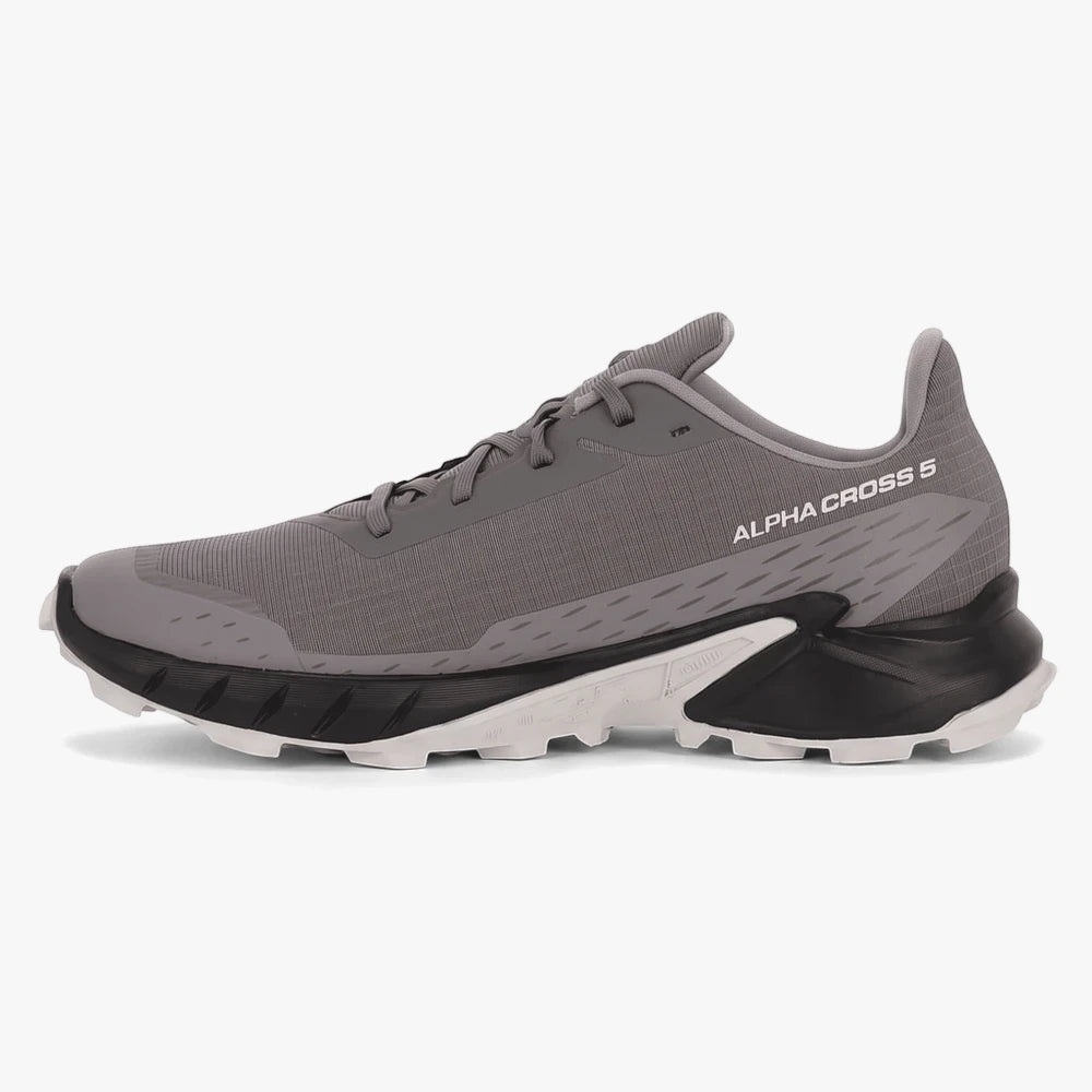 Salomon Mens Alphacross 5 Trail Sneaker in pewter grey and black, shown from a side profile view.