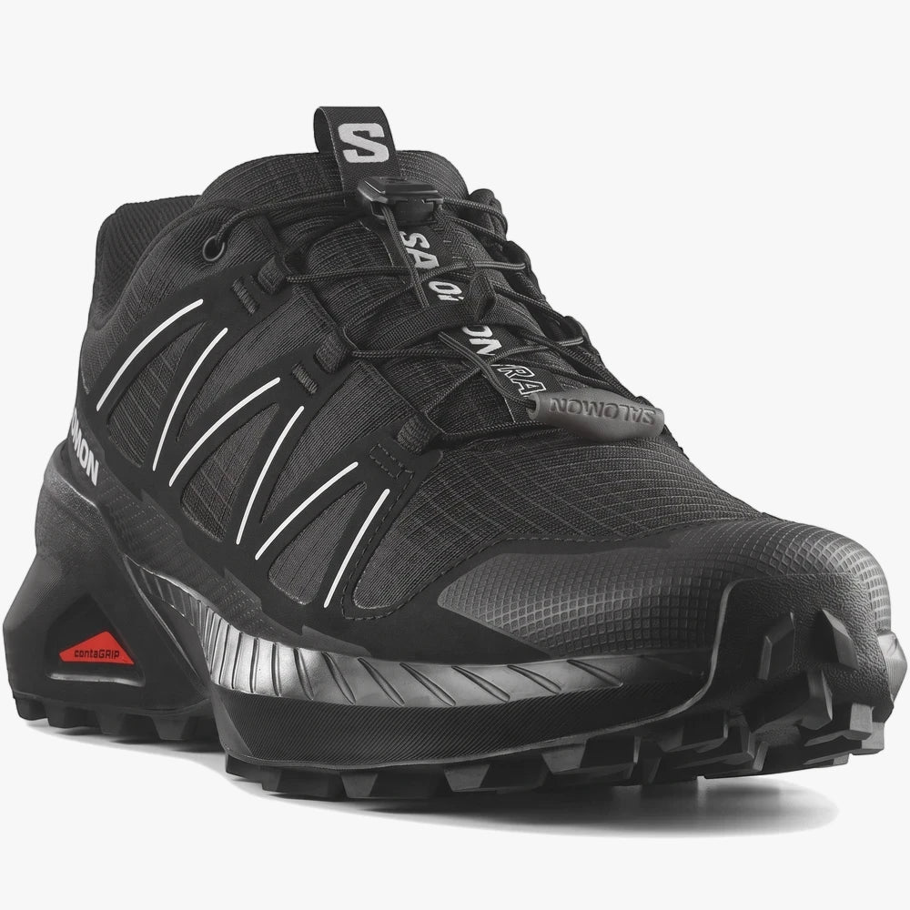 Salomon Mens Speedcross Peak Trail Sneaker in black, featuring mesh upper, quicklace system, and a durable lugged sole.