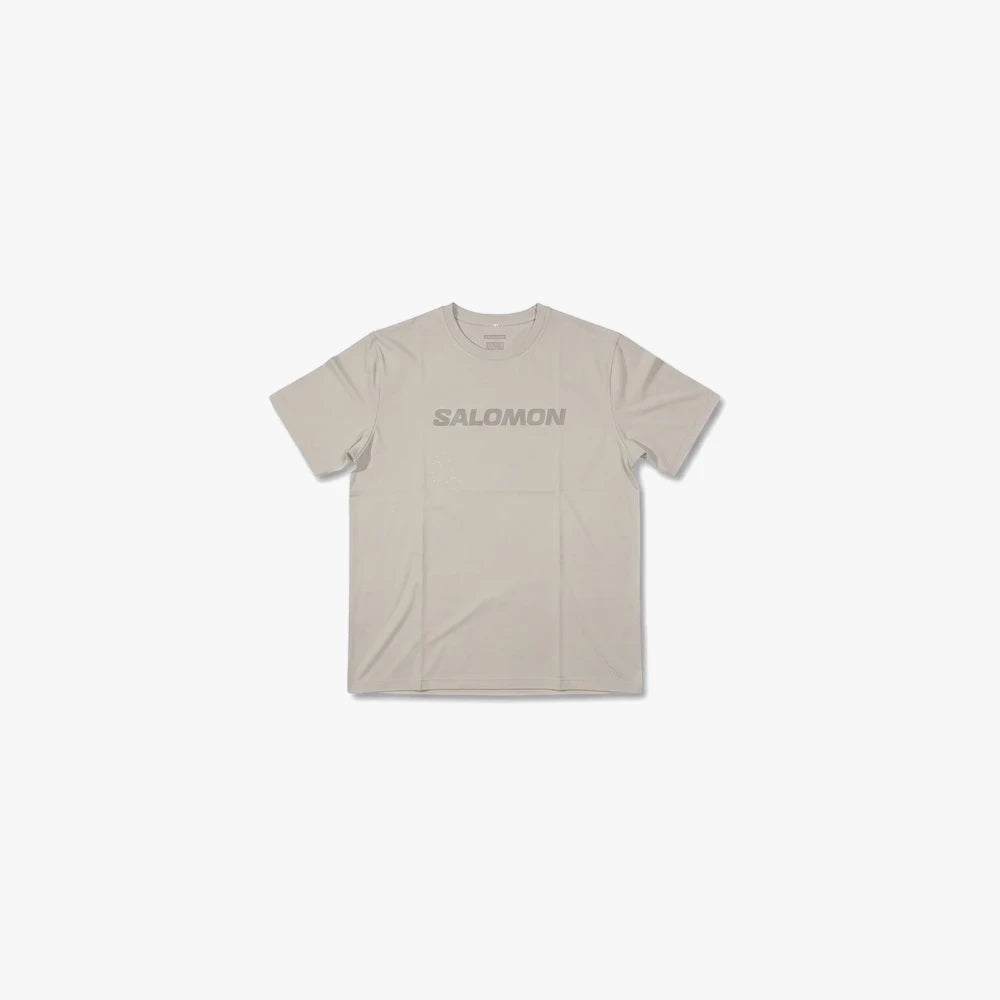 Salomon Mens Strike Thru Short Sleeve Tee in rainy day color, featuring a performance fabric and subtle branding on the