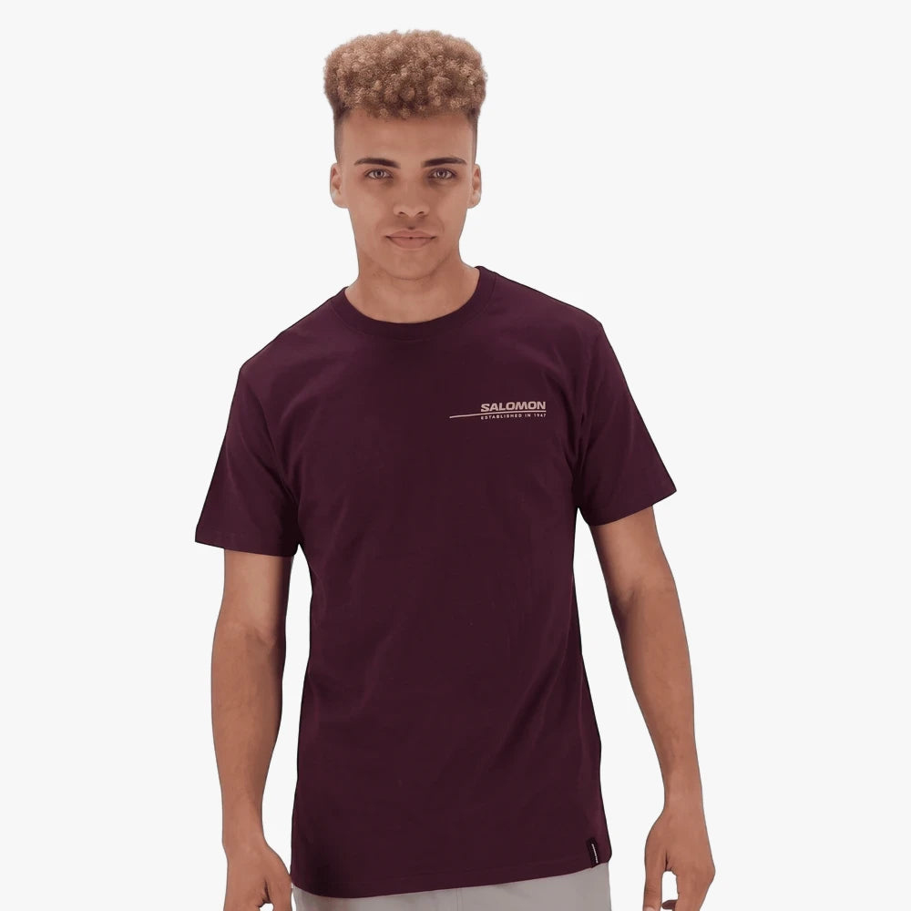 Salomon Mens Underline Short Sleeve Tee in cherry liquer, worn by a male model, front view, standing.