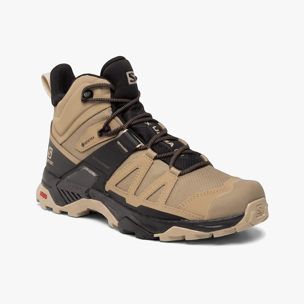 Salomon Mens X Ultra 4 Mid Gtxsneaker in kelp, black, and safari colors, made with Gore-Tex material, shown in a