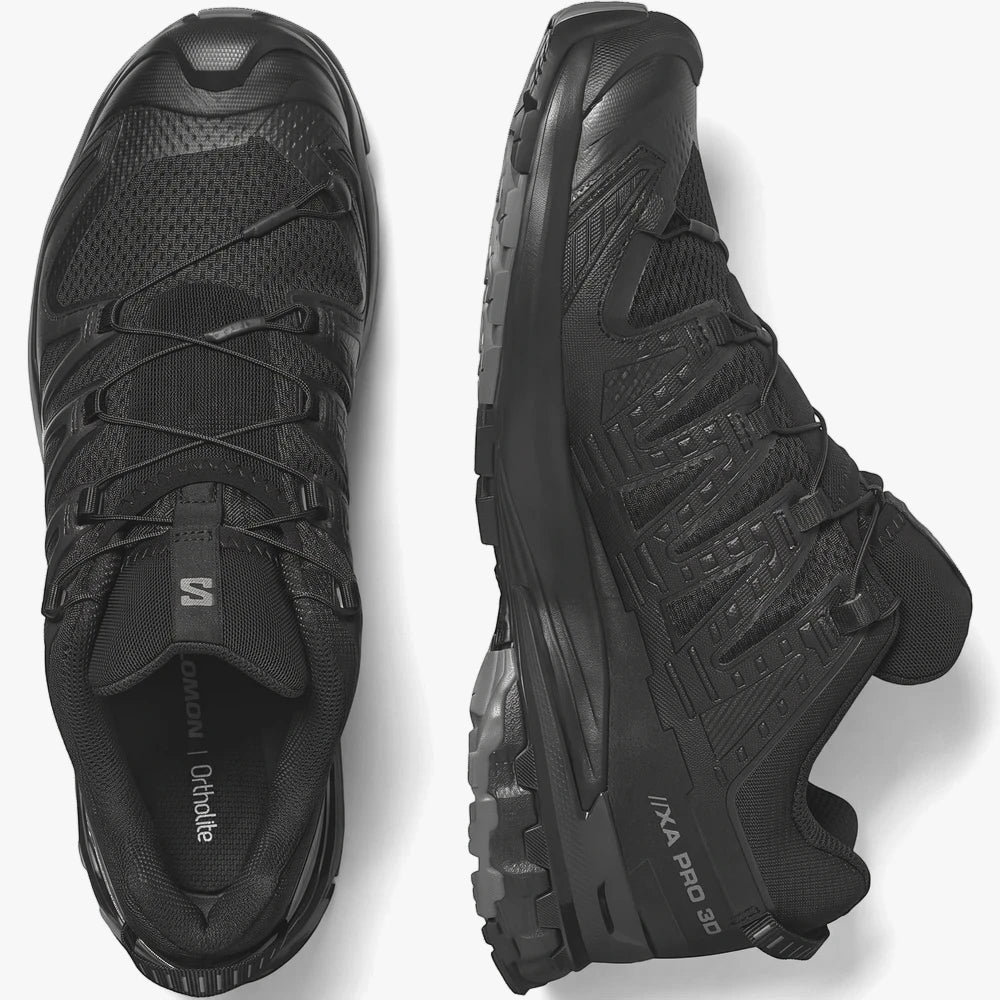 Salomon Mens Xa Pro 3D V9 Trail Sneakers in black phantom pewter, shown from top and side views, featuring mesh uppers and