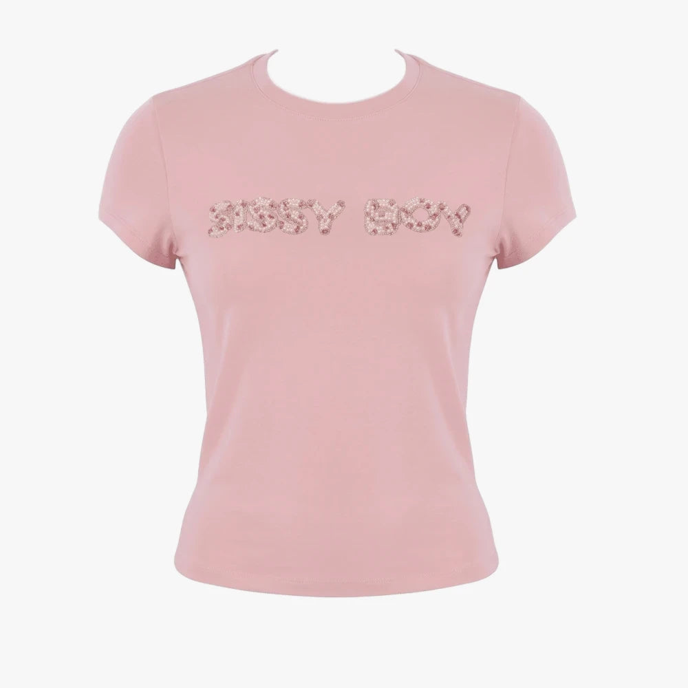 Pale pink Sissy Boy girls baby tee with short sleeves and a pink and pearl transfer &