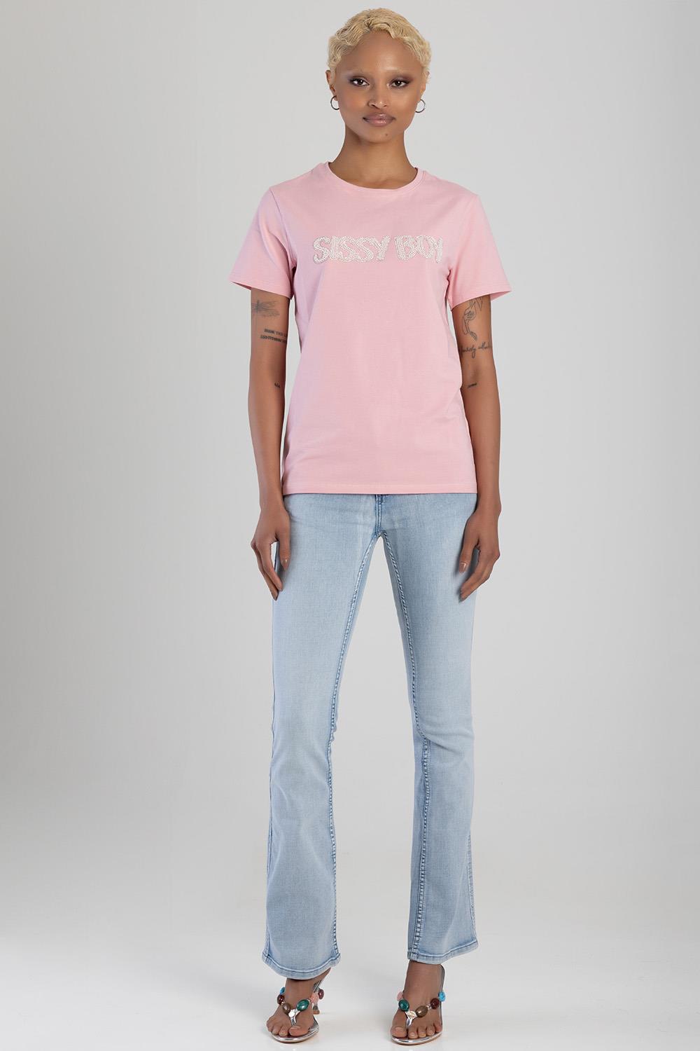Sissy Boy Regular Fit Tee Pearl Bling Logo Pale Pink