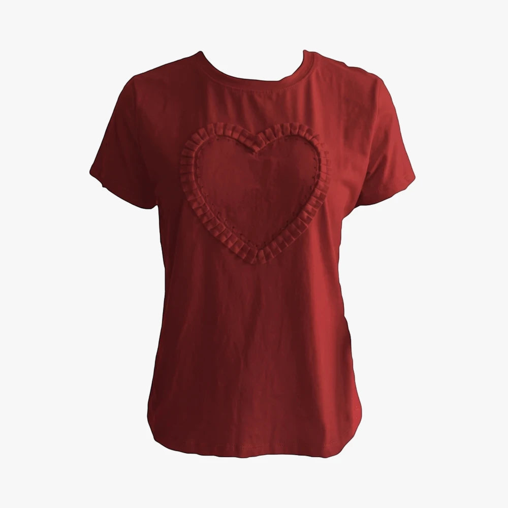 Red Sissy Boy short sleeve tee for women, showcasing a textured heart embroidery detail on the chest, presented in a front