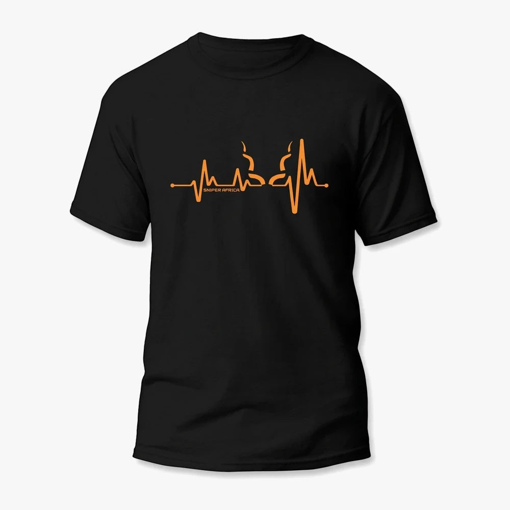 A black Sniper Kids Pilse t-shirt featuring a unique orange heartbeat graphic with &