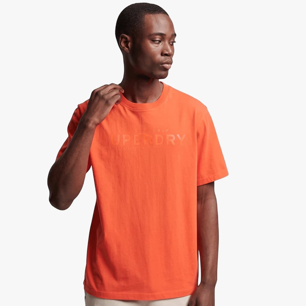 A male model wearing a vibrant orange Superdry Men&