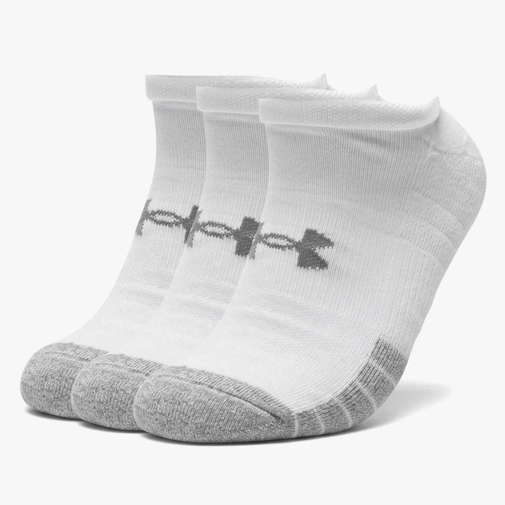 Three white Under Armour Adult Heatgear No Show Socks 3-pack, featuring grey logo and reinforced heels, shown in a side view.