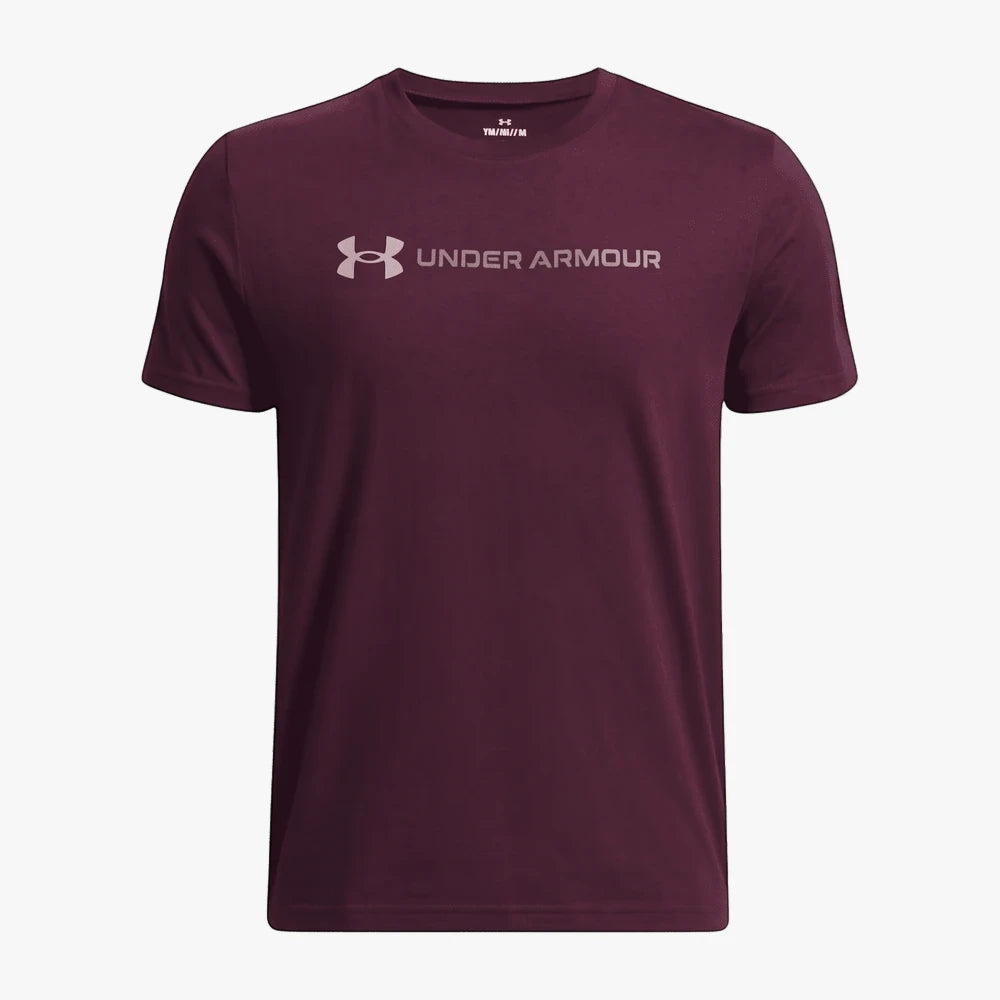 Under Armour Boys Logo Wordmark Short Sleeve Tee in maroon, featuring the silver-grey Under Armour logo on the chest, front