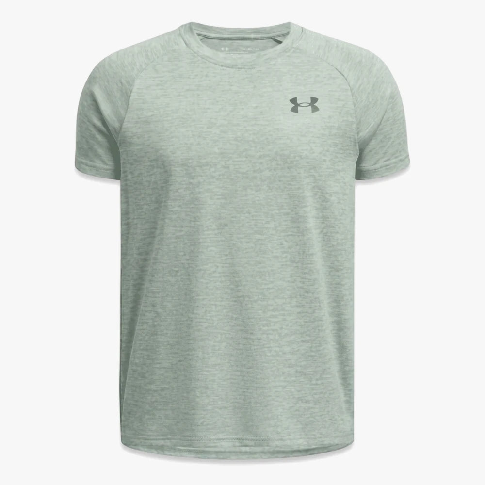 Under Armour Boys Tech 2.0 Short Sleeve Tee in light green heathered fabric, featuring a crew neck and raglan sleeves.