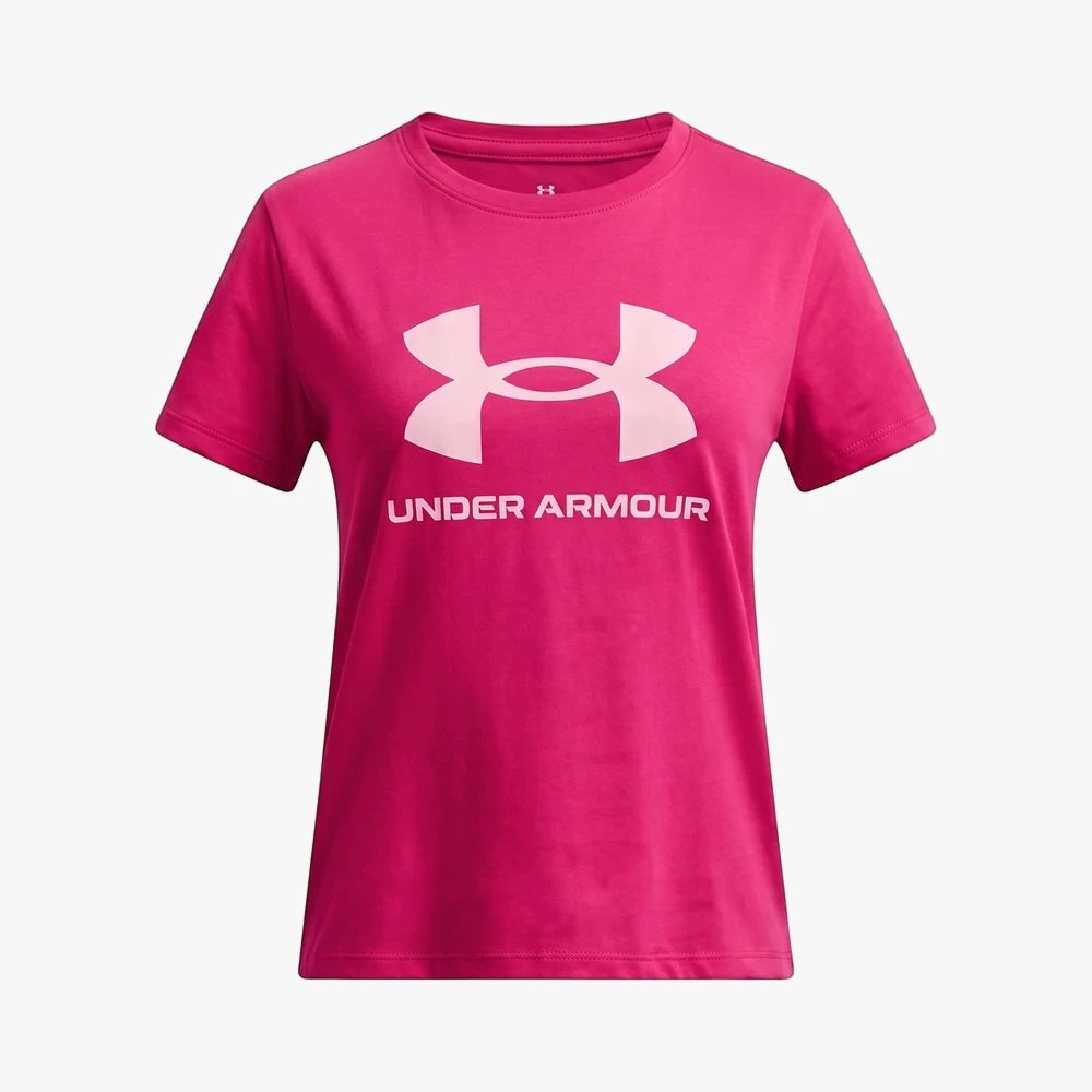 Pink Under Armour Girls Big Logo short sleeve t-shirt, front view, featuring a prominent white logo.