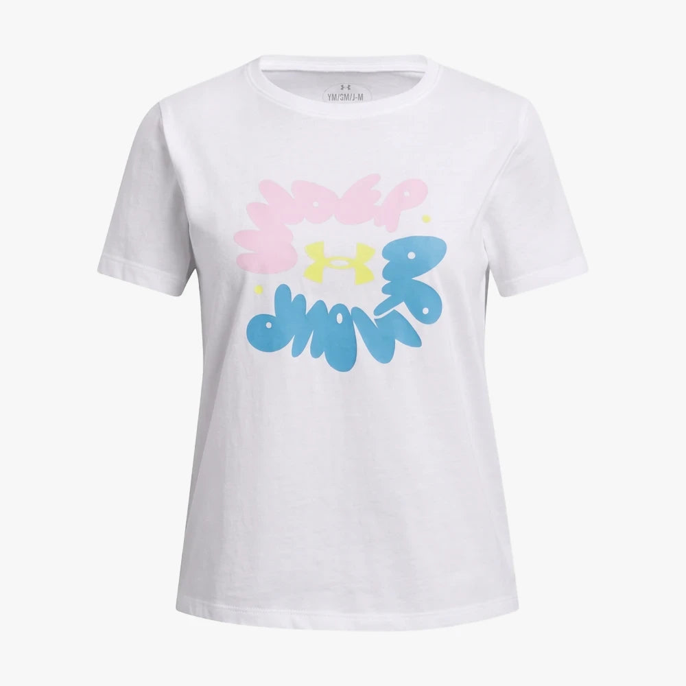 White Under Armour Girls Bubble Wordmark short sleeve tee with a colorful pink, yellow, and blue graphic on the front.