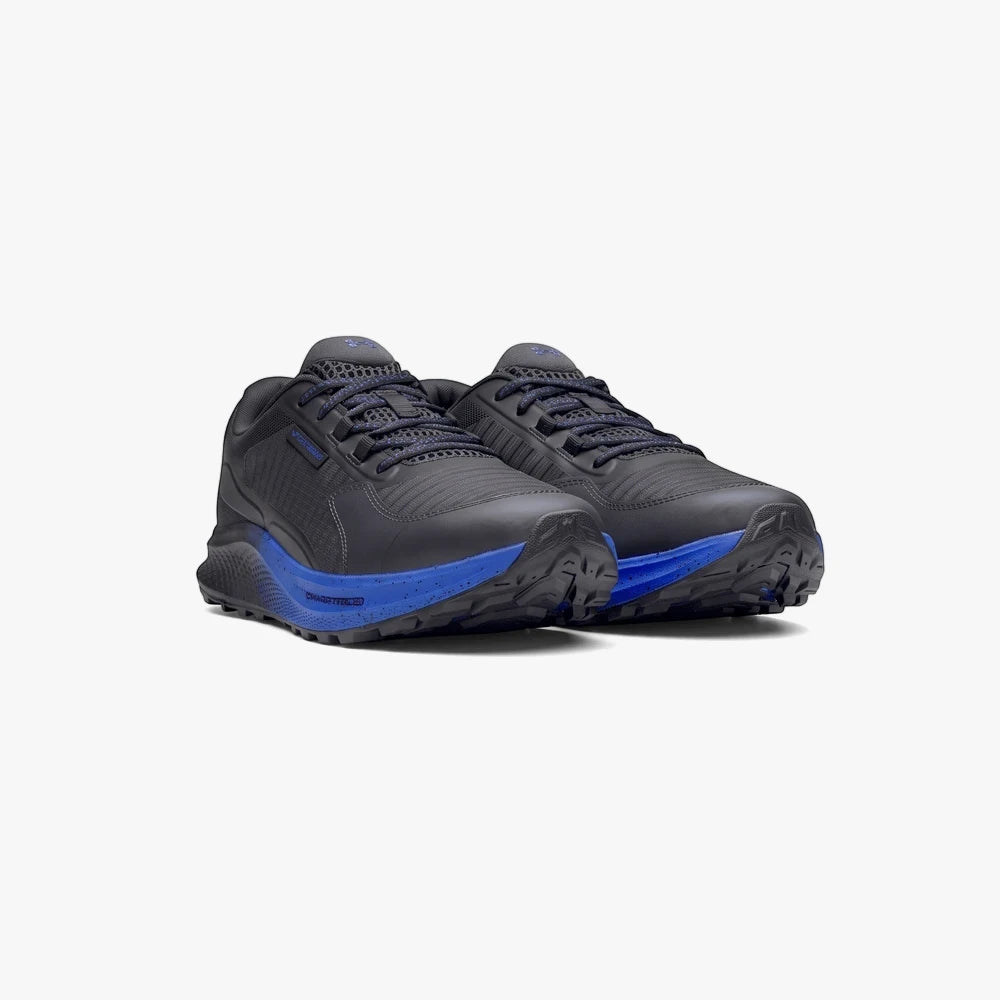 Under Armour Mens Charged Bandit Tr 3 sneakers in black and camo blue, side view, designed for trail running.