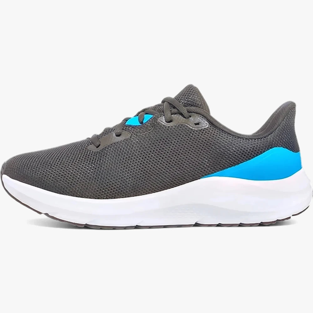 Under Armour Mens Charged Pursuit 4 Sneaker in dark grey mesh with vibrant blue accents and a white sole, presented in a