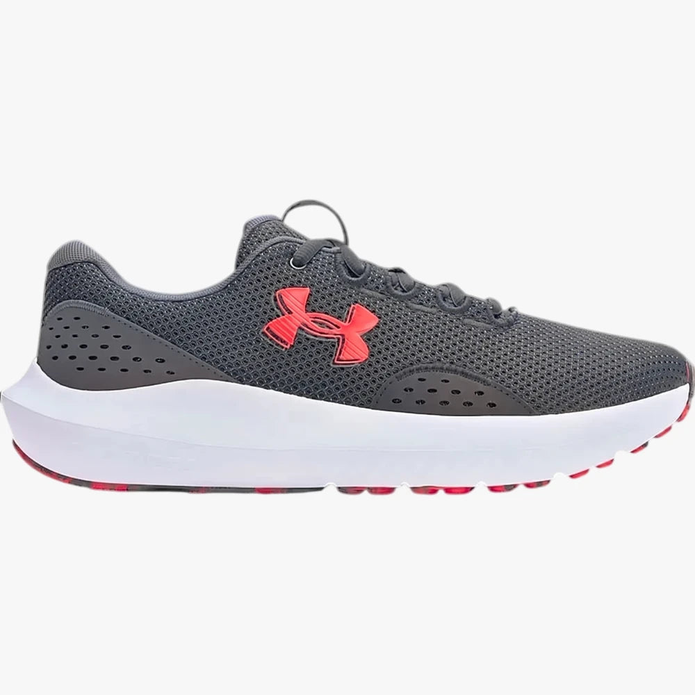 Under Armour Mens Charged Surge 4 005 running shoe in black and red, featuring a mesh upper and a thick white midsole,