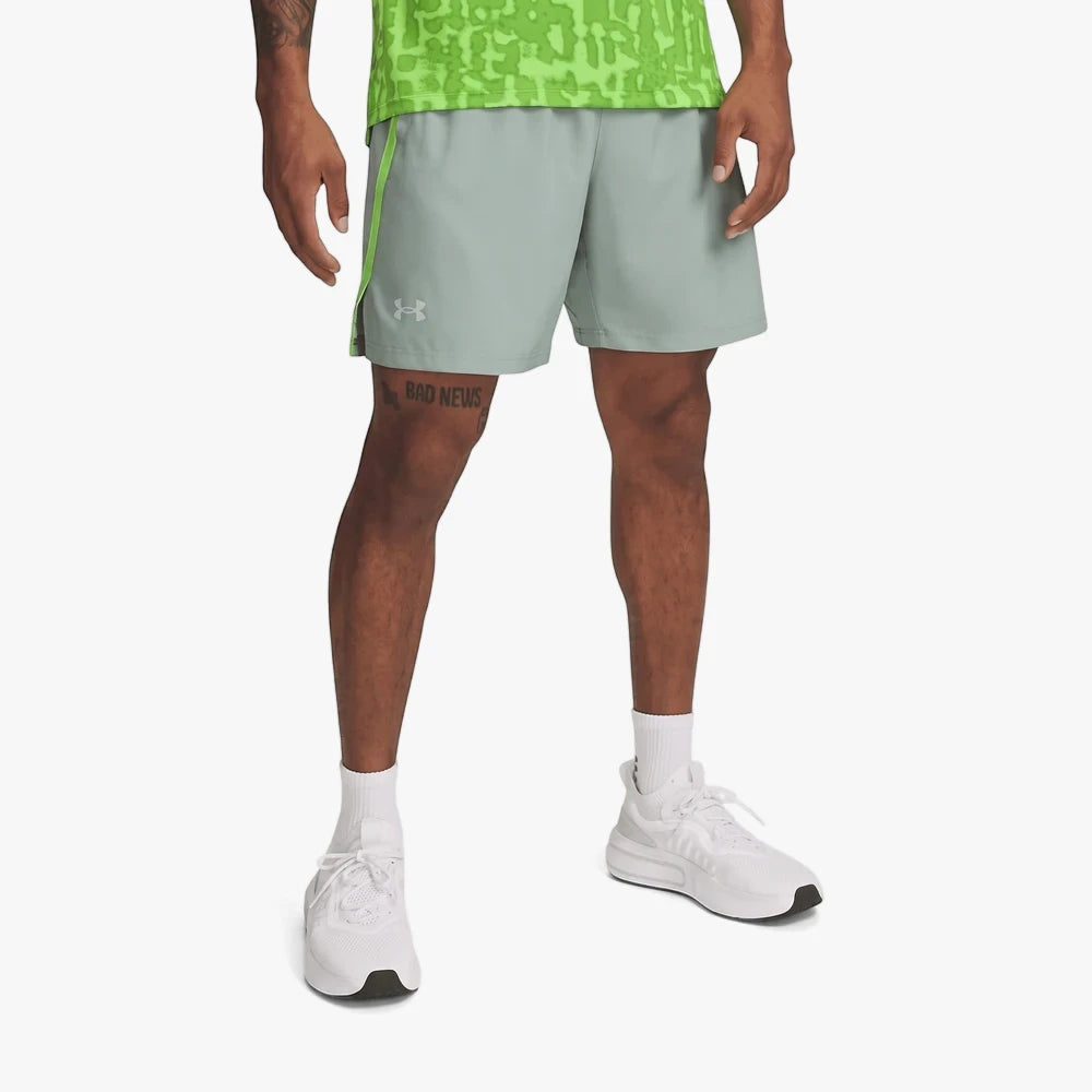 Under Armour Mens Launch 7" Shorts in light green and grey, worn by a man, featuring a neon stripe and logo.