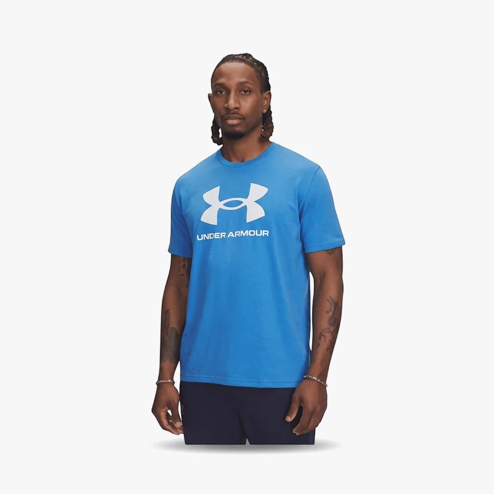 Male model wearing a blue Under Armour Men&