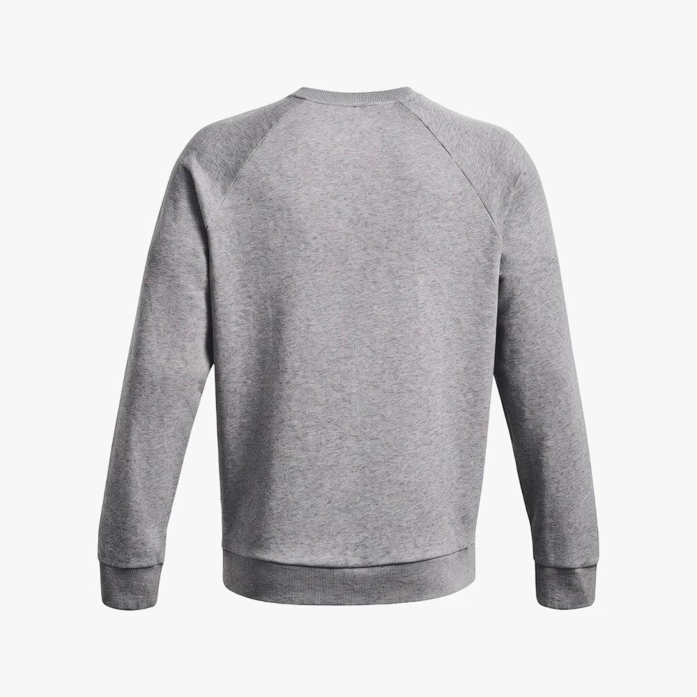 Back view of an Under Armour Rival Fleece Crew Sweater in 025 Grey, showcasing the soft fleece fabric and ribbed details.