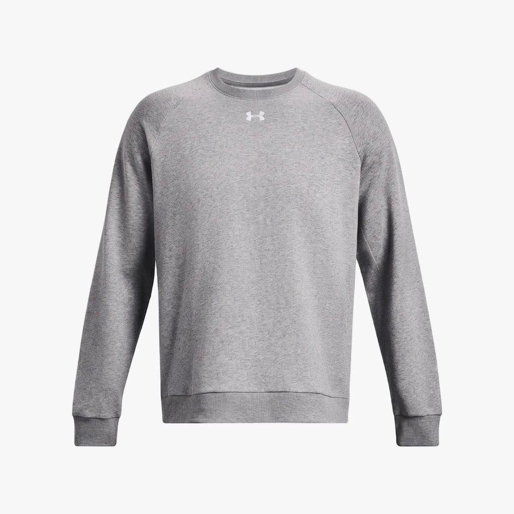 Grey Under Armour Rival Fleece Crew Sweater shown in a front view, made from soft fleece fabric with a classic crew neck.