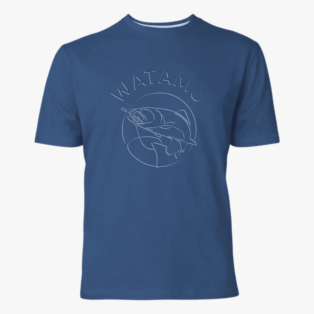 Watamu Mens Hooked Short Sleeve Tee in navy blue with a white fish graphic on the chest.