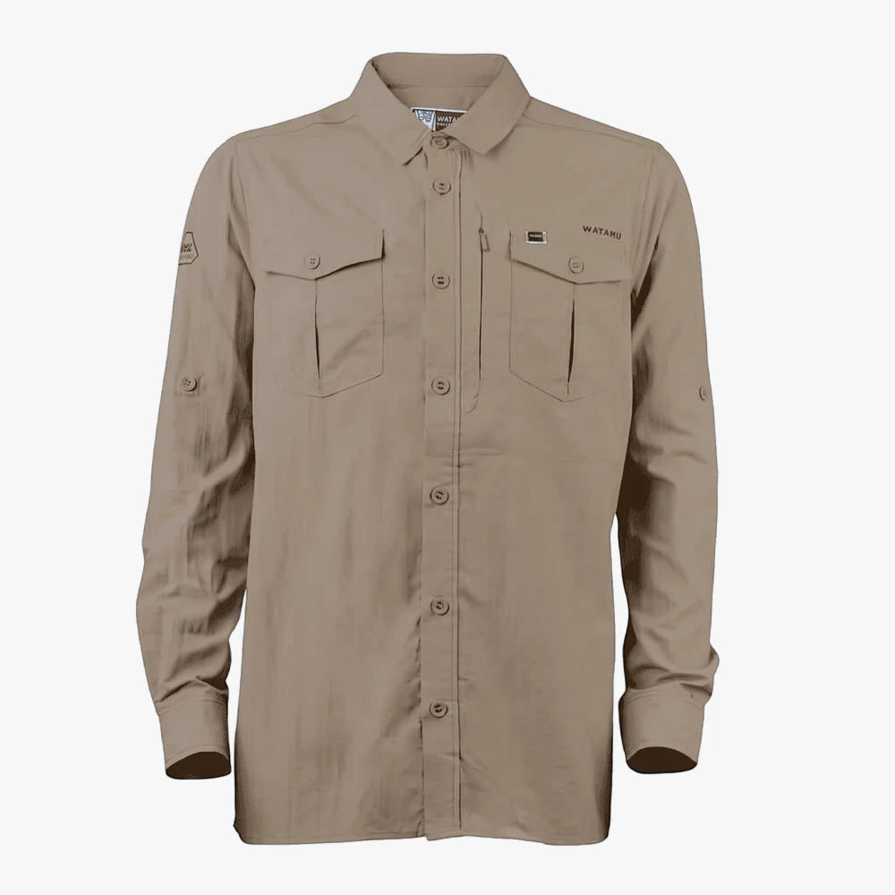 Khaki Watamu Mens Jambo shirt with long sleeves, button-front closure, and two chest pockets, displayed on a plain