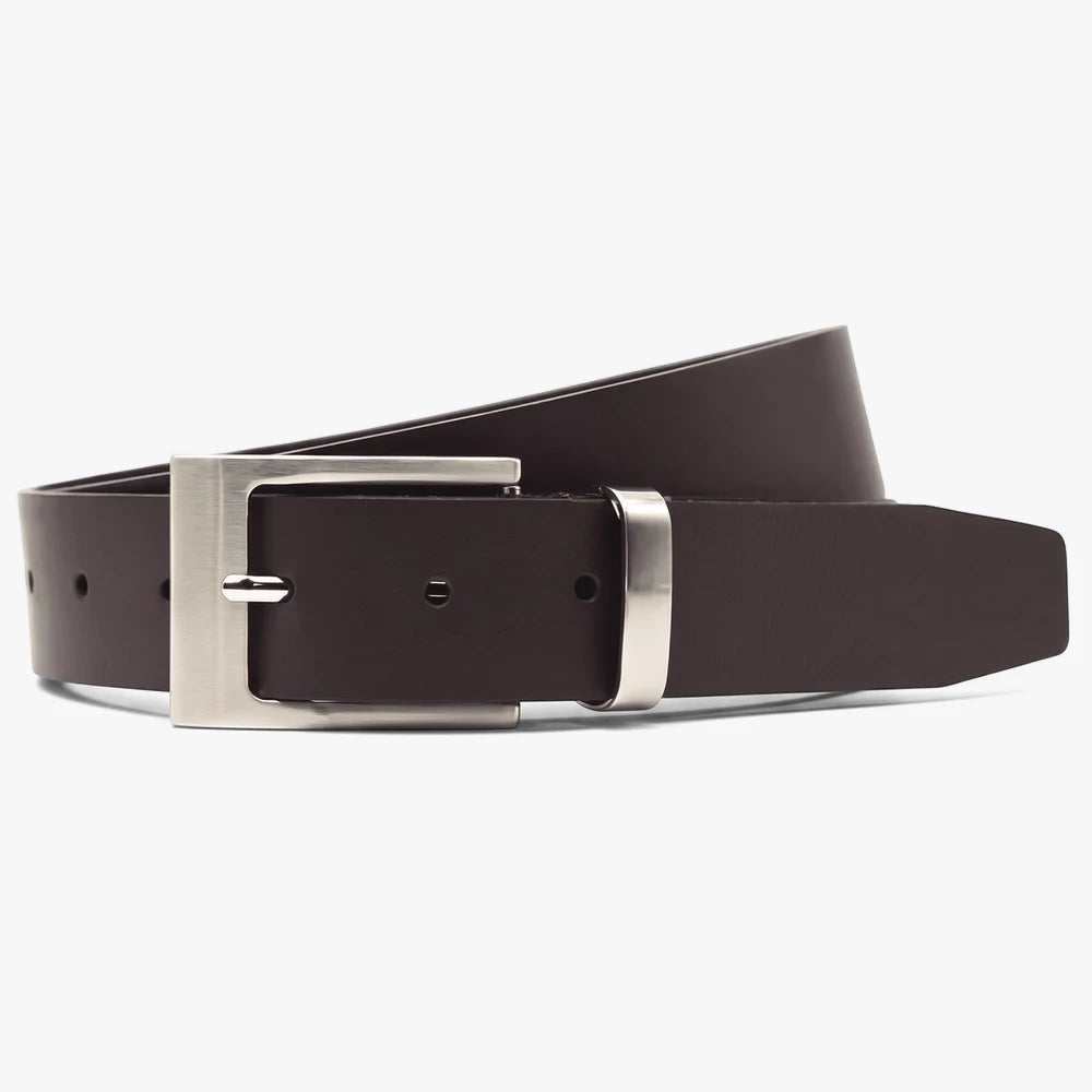 Brown leather belt with a silver rectangular buckle and polished loop, displayed angled on a plain background.
