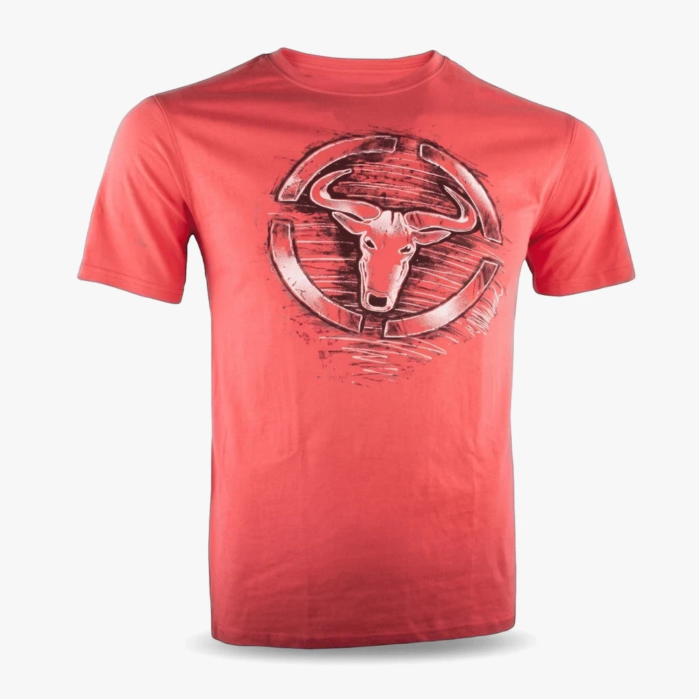 Wildebees Mens Graffiti Grunge short sleeve tee in flame red with a bull head graphic on the front.