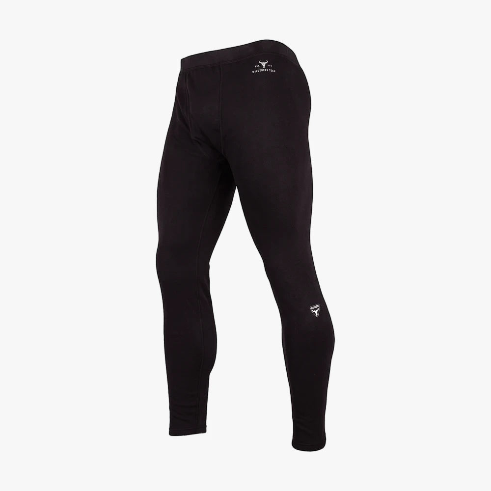 Black Wildebees mens thermal fleece base layer pants, shown from a slightly angled view, highlighting the branding.