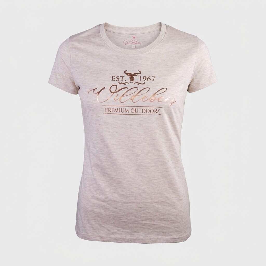 Wildebees Womens Glitzy Script Tee Oatmeal Mel