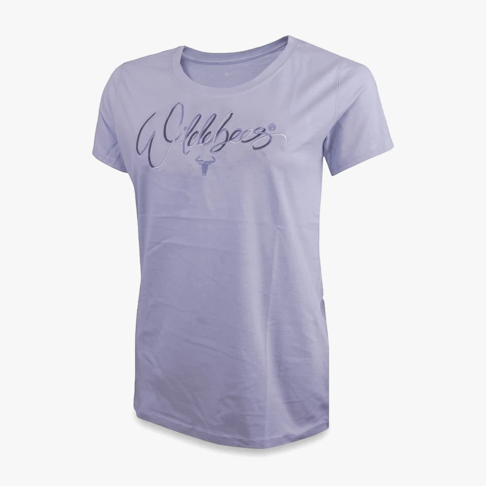 Wildebees Womens Punch Out Posey Short Sleeve Tee in Tiffany Blue, featuring a metallic &