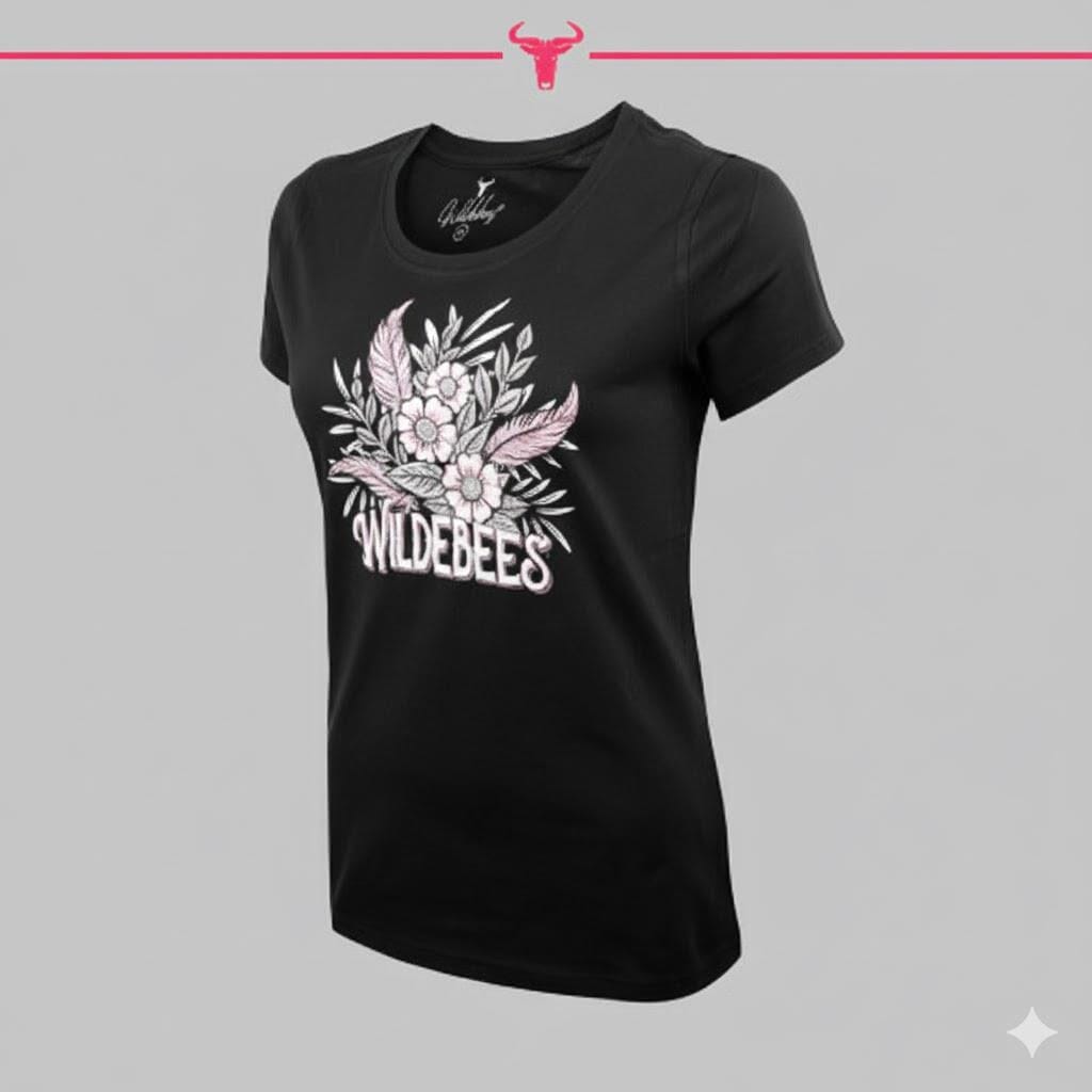 Wildebees Womens Stylized Feather Floral Short Sleeve Tee Black | Wildebees