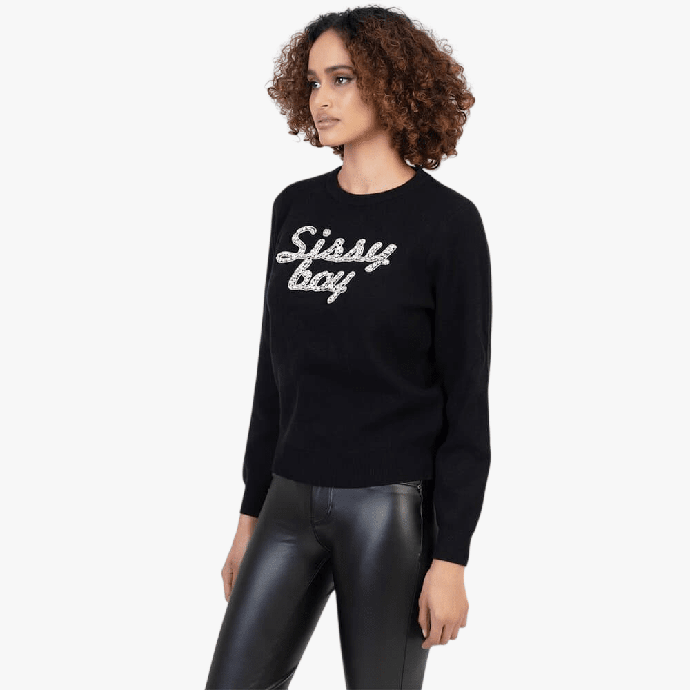 Sissy Boy Womens Walk Away Knit Sweater Bling Branding Black
