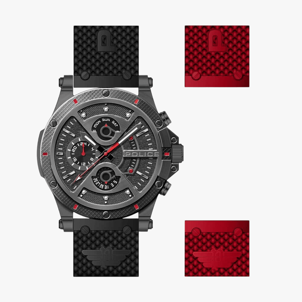 Police Mens Surigao Black Case Watch Black/ Red Rubber Strap | Police